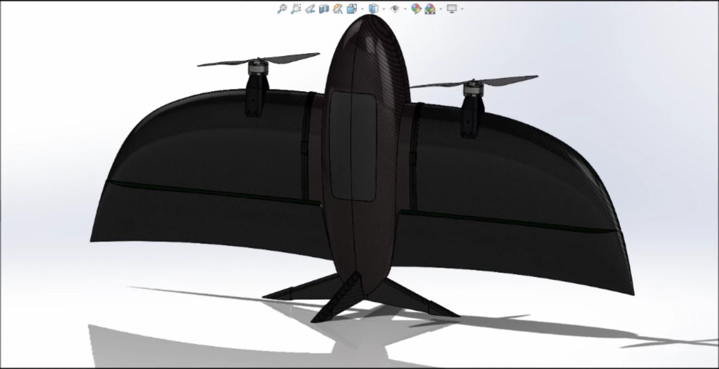 Solid CAD model in the vertical takeoff attitude.