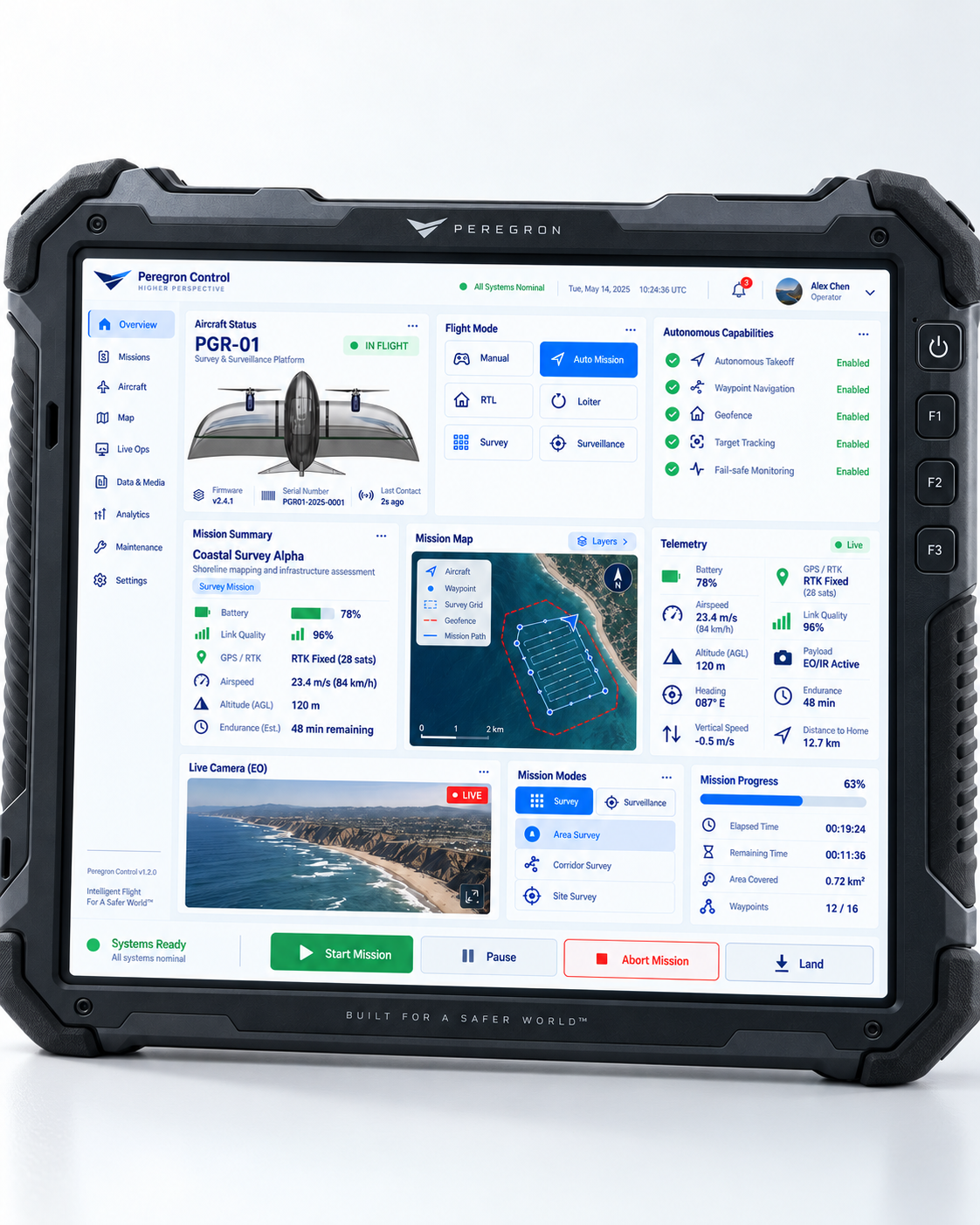 Peregron Control ground station interface concept on a rugged field tablet